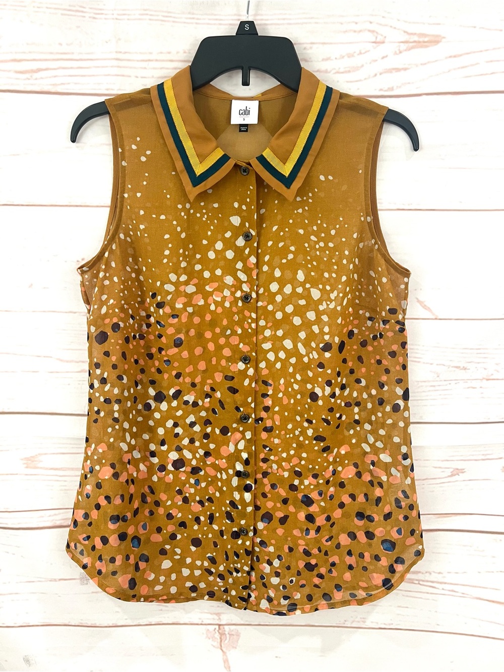 Cabi Retro Mod Mustard Confetti Polka Dot Collar Sleeveless Tunic Blouse